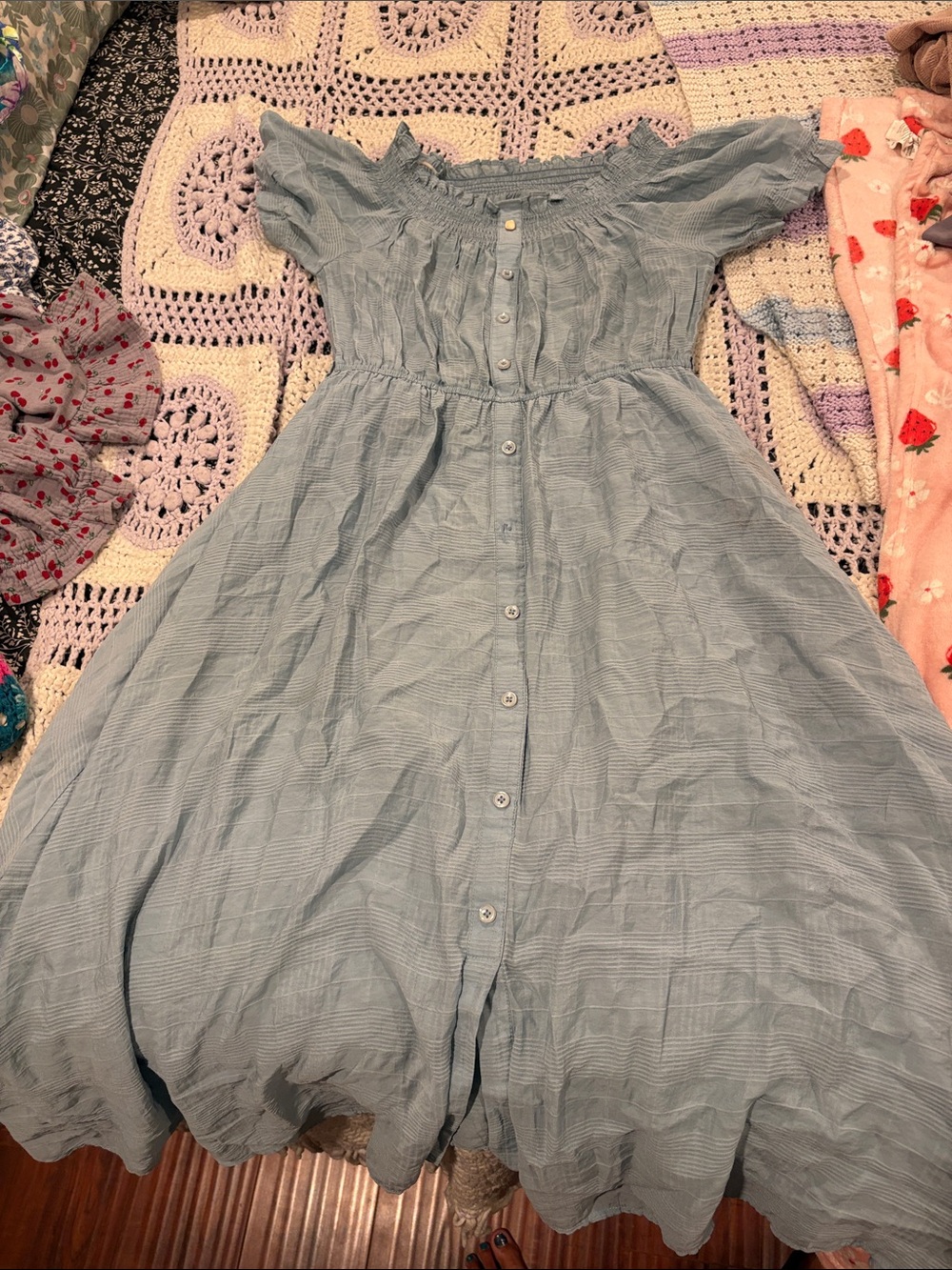 Light Blue Button-Front Off-Shoulder Midi Dress